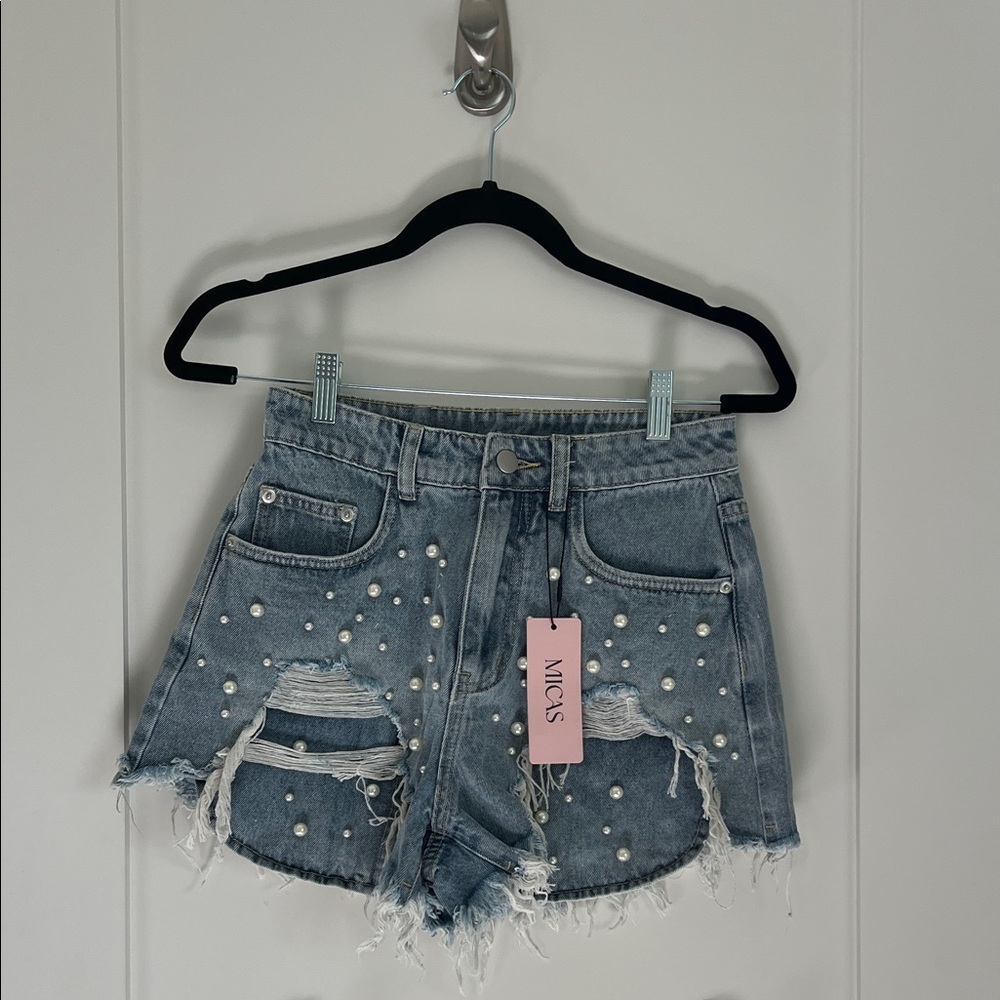 Micas Pearl Embellished Denim Shorts